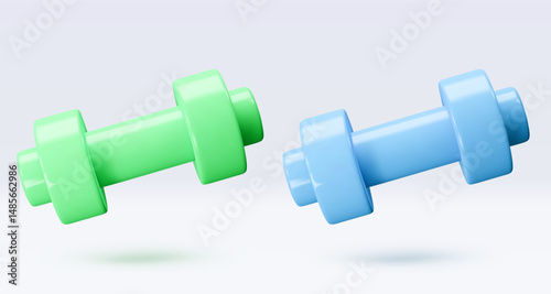 Blue and green Dumbbell Realistic icon, 3d render. Isolated on white backround. Sport And Fitness design set. Vector illustration for shop, flyer, banner, web, advertising, sale