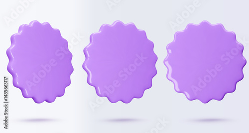 Set purple stickers, badge mockup. Blank labels of circle shapes with wavy edge. Vector illustration isolated on white. Copy space. Patches for preview tags, labels, design, presentation, adv