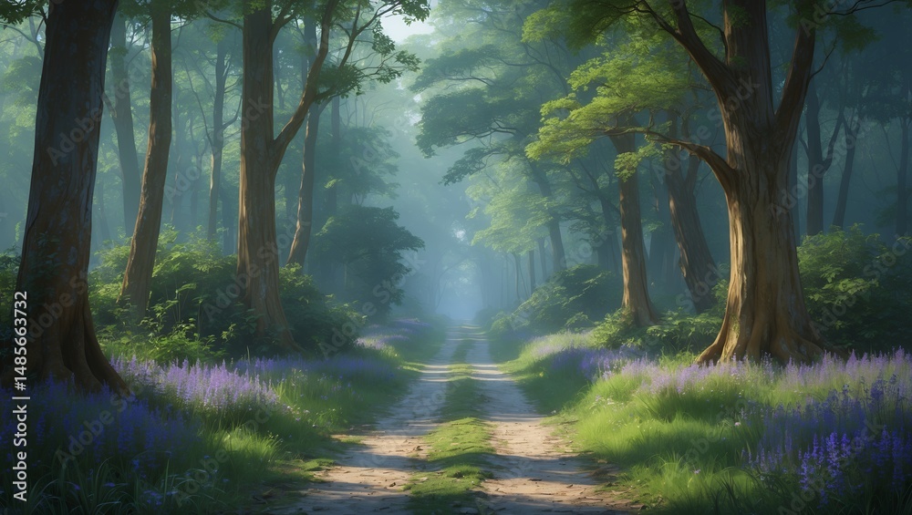 Naklejka premium Serene digital painting of a mystical forest pathway