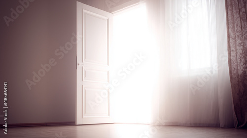 Open door to a sunlit clean room with simple decor, conveying peace and freshness in a minimalist space.