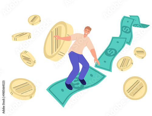 surfing money successful businessman banknote surfboard skateboard rich concept financial success gold coin dollars