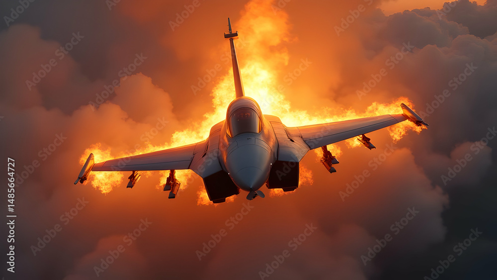 Fototapeta premium Fighter jet blast and fire, illustration 