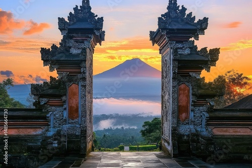 ancient stone gateway framing a distant mountain at sunrise with mist and vibrant orange sky