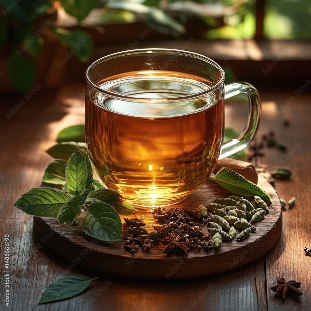 Fototapeta premium Clear glass mug filled with warm amber tea placed on wooden surface surrounded by fresh green leaves and various aromatic spices under soft lighting