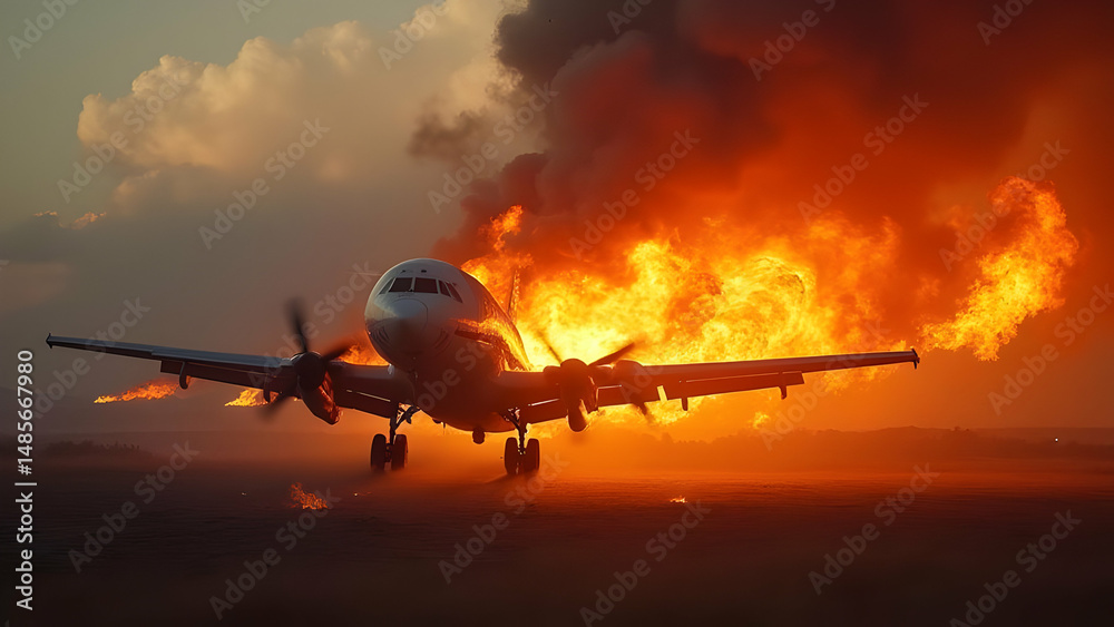 Fototapeta premium Aeroplane crushing heat and burning fire flames illustration and realistic image