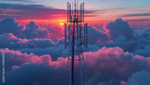 Telecommunication Tower Rising Above the Colorful Sunset Clouds