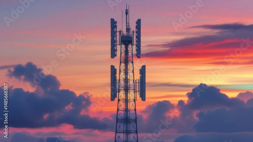 Telecommunication Tower Surrounded by Colorful Skies and Dreamy Clouds at Golden Hour