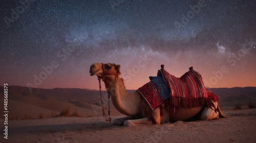 A camel rests on desert sands beneath a starry night sky, adorned with traditional textiles, capturing the serene beauty of the desert at twilight.