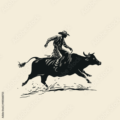 Vintage Cowboy Riding a Bull Illustration