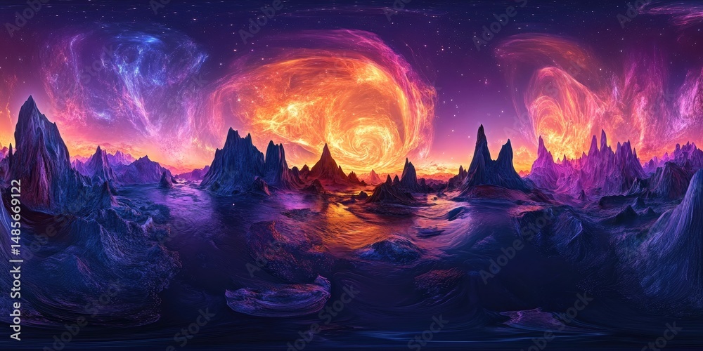 Fototapeta premium Vast, vibrant alien landscape with swirling nebulae