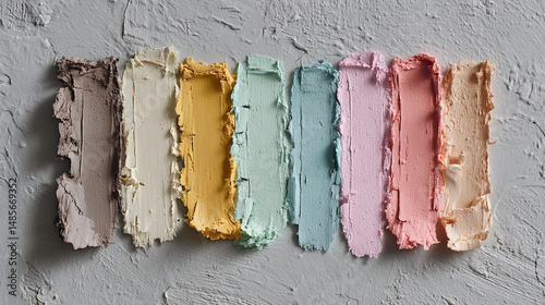 Colorful palette of paint swatches arranged neatly on textured background