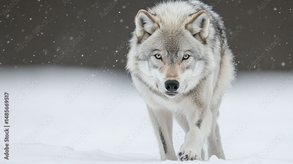 Naklejka premium Gray wolf striding through a snowy landscape.