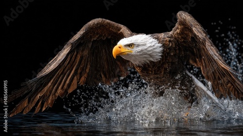  Majestic Eagle in Flight: An American bald eagle soars gracefully, its powerful wings spread wide as it skims the water's surface, creating a dynamic splash.
