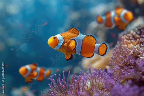 Bright orange clownfish swim among vibrant purple coral in a clear underwater scene, showcasing the beauty of marine life in a colorful coral reef ecosystem.