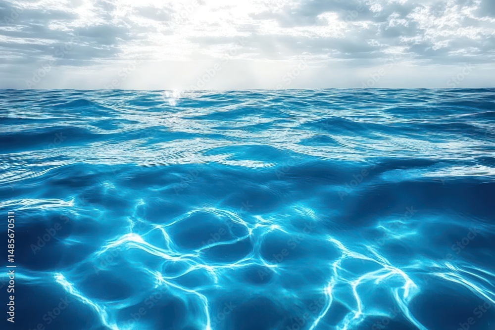 Fototapeta premium Bright sunlight shining through clouds onto vibrant blue ocean waves with sparkling reflections and calm horizon under a partly cloudy sky