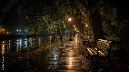 Rainy Night Serenade: A deserted path next to a waterway gleams under the soft glow of streetlights, enhanced by the glistening surface of the rain.