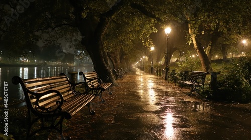 Nighttime Serenity: A serene park pathway with park bench, illuminated by soft streetlights and under the gentle drizzle of rain, this image evokes a sense of peace and solitude.