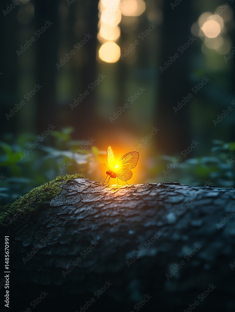 Glowing butterfly in dark forest. Magical nature scene.