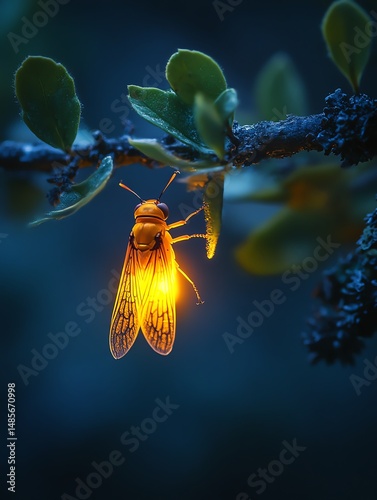 Obraz na płótnie Glowing insect on a branch at night. w salonie