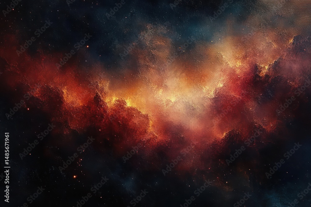 Obraz premium Colorful cosmic nebula with swirling clouds of red, orange, and yellow light contrasting against deep black space, evoking a sense of vastness and mystery