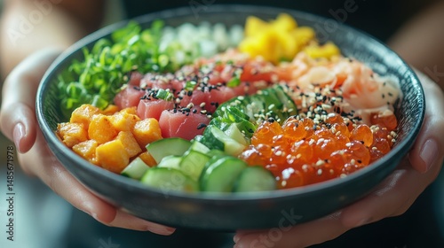 Close-up of a person holding a vibrant poke bowl filled with colorful ingredients like tuna, salmon, avocado, cucumber, and sesame seeds.