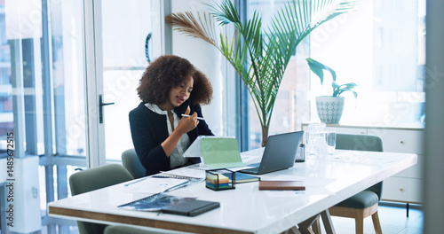 Phone call, office or African businesswoman with tablet for budget savings, risk assessment or research. Financial advice, review or investment banker with technology for accounting, taxes or client