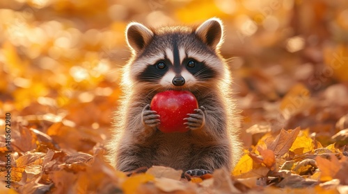 Lindo mapache comiendo una manzana en otoño.