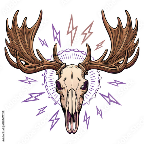 A majestic moose skull, its antlers glowing with ethereal light, adorned with a single, menacing metal spike.  Dark, moody atmosphere.