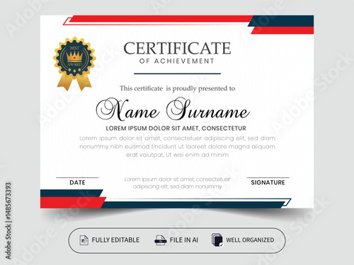 Professional Modern Minimalistic Eye- Catching Award Certificate Layout Vector Design