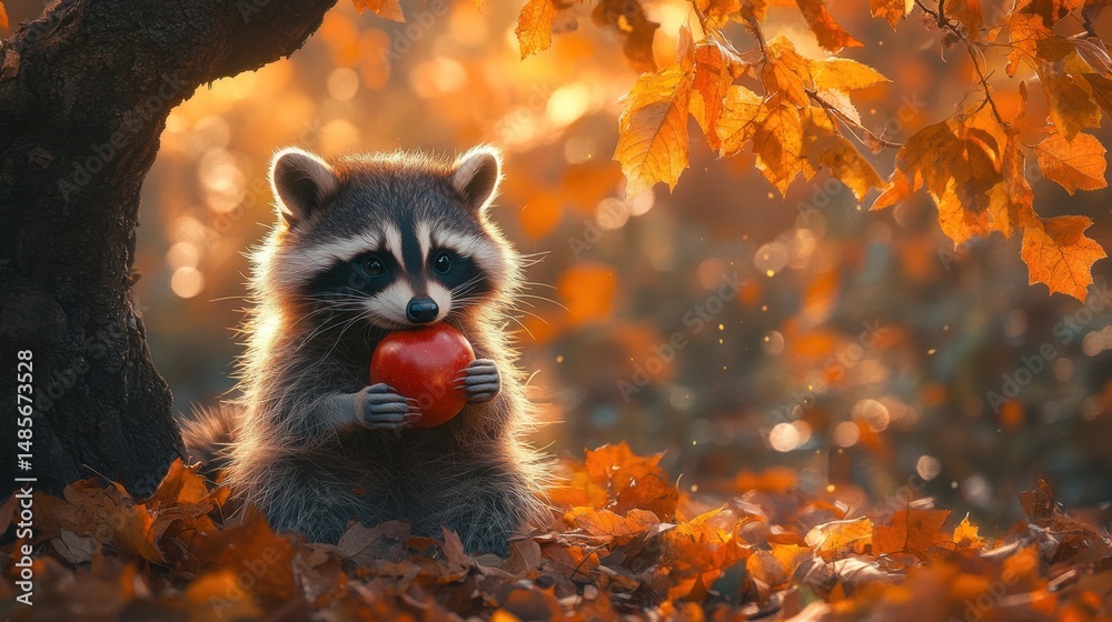 Obraz premium Lindo mapache comiendo una manzana en otoño.
