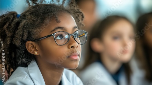 A young Black girl with glasses looks thoughtfully upward in a classroom setting. Soft light and a calm atmosphere.