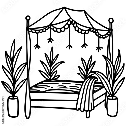 Boho Canopy Bed with Plants – Black Silhouette Vector