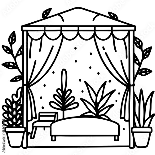 Boho Canopy Bed with Plants – Black Silhouette Vector