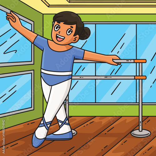 Ballerina Practicing Ballet Bar Colored Cartoon 