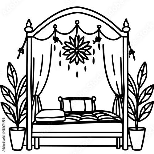 Boho Canopy Bed with Plants – Black Silhouette Vector