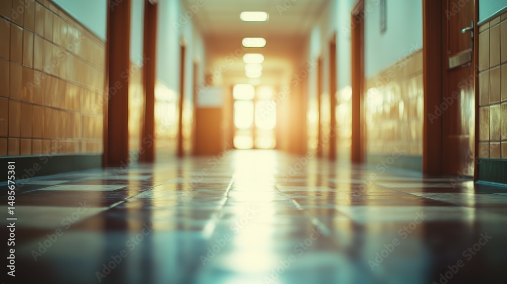 Sunlit hallway with warm-toned walls and tiled floor. A peaceful and quiet atmosphere. Sunlit hallway with warm-toned walls and tiled floor. A peaceful and quiet atmosphere.
