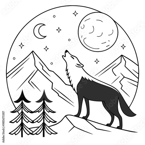 Vector cartoon drawing of a moon with stars and a ball, a fun animal design