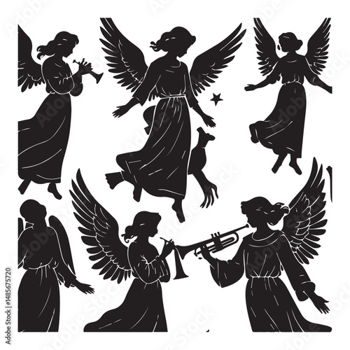 Set of black christmas angel silhouettes isolated on white background
