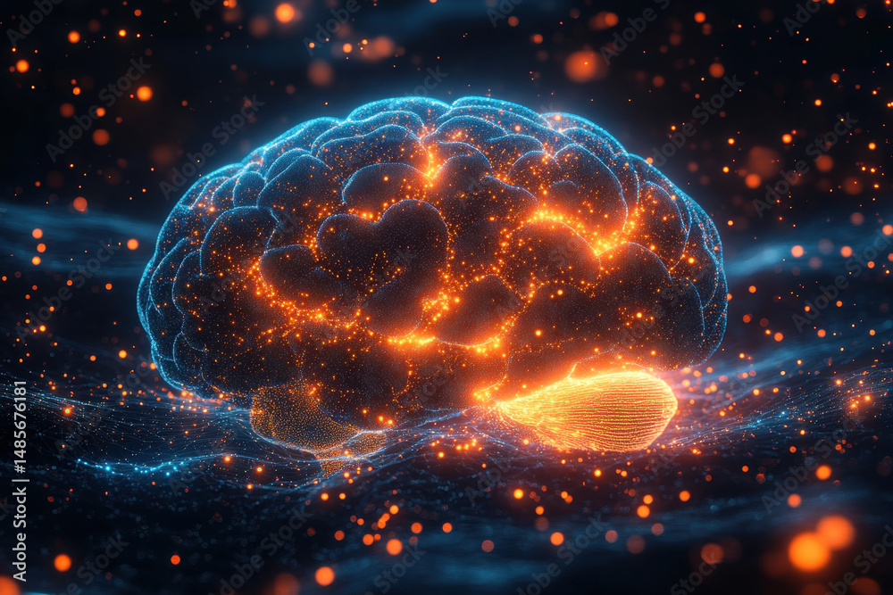 Glowing brain emitting sparks. Glowing brain emitting sparks.