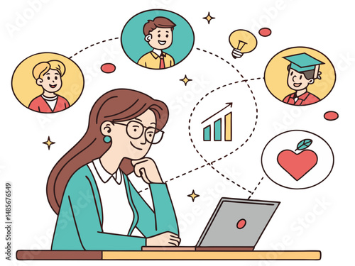 Illustration of a young woman sitting at her desk using a laptop and thinking