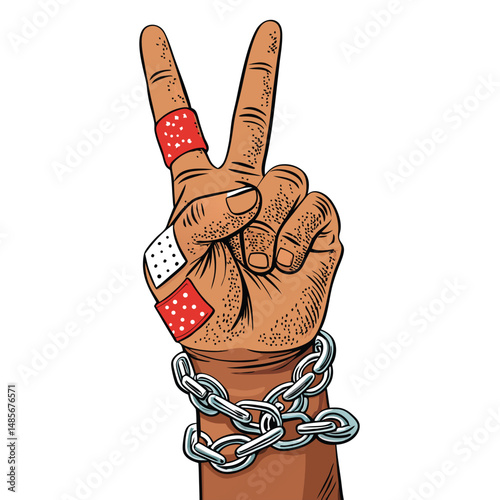 Create a striking image of a hand forming a peace sign, adorned with numerous band-aids and bound by chains, showcasing textured skin.  Focus on the contrast between peace and constraint.