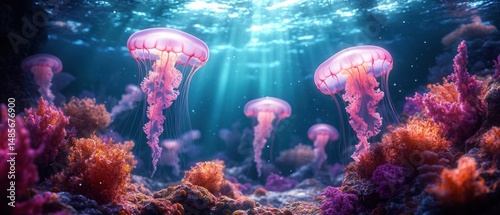 Wallpaper Mural Glowing pink jellyfish floating above colorful coral reef under sunlit ocean water creating a serene underwater scene Torontodigital.ca