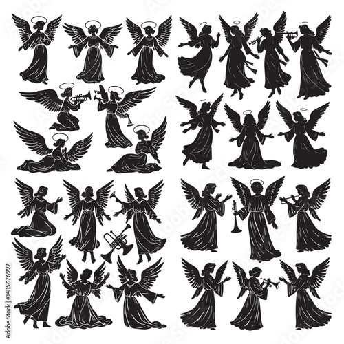 Set of black christmas angel silhouettes isolated on white background