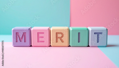 メリットを意味するMERITの文字が書かれたカラフルな木製のキューブブロック。aiで生成	