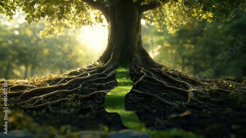 Sunlight streams through the leaves of a large tree, illuminating its exposed roots and a path of vibrant green grass winding between them. A magical, serene scene.
