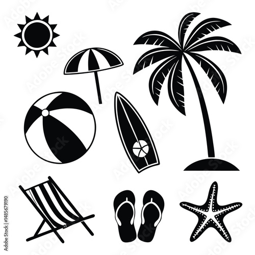 Tropical summer beach icons vector set includes sun, palm tree, ocean wave, and vacation umbrella