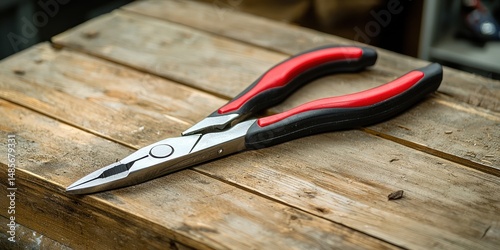 Pliers with red handles lying on garage bench