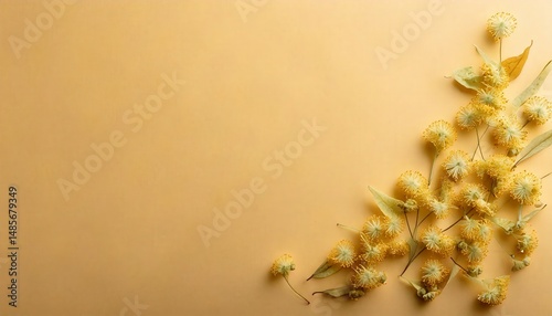 Dried linden blossoms on a soft pastel wheat-colored surface, gently curved one side