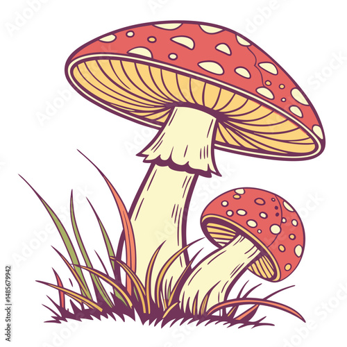 Red cartoon fly agaric mushrooms, a poisonous fungus illustration in the green autumn grass of the forest