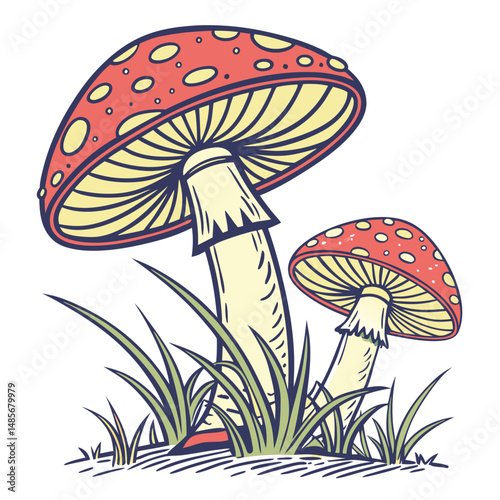 Vibrant red fly agaric mushrooms, a poisonous toadstool fungus, dot the green grass in this colorful nature illustration